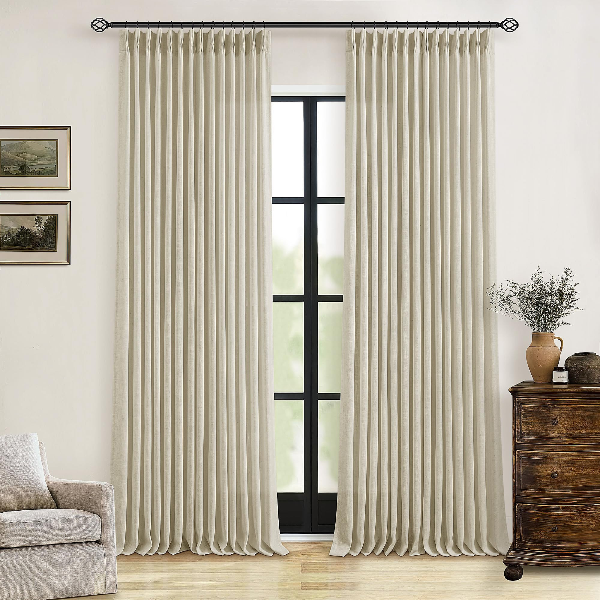 Linen Flax 102 Inch Curtains Pinch Pleated Linen Curtains 2 Panels for Living Room Bedroom Memory... | Amazon (US)