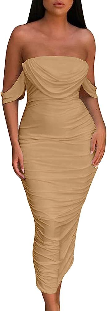 HOCILLE Women's Sexy Ruched Bodycon Strapless Off Shoulder Midi Club Party Tube Dresses | Amazon (US)