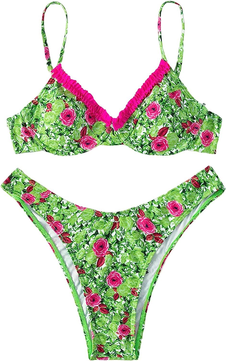 Floerns Women's Floral Frill Trim Underwire High Cut Two Piece Bikini Swimsuit | Amazon (US)