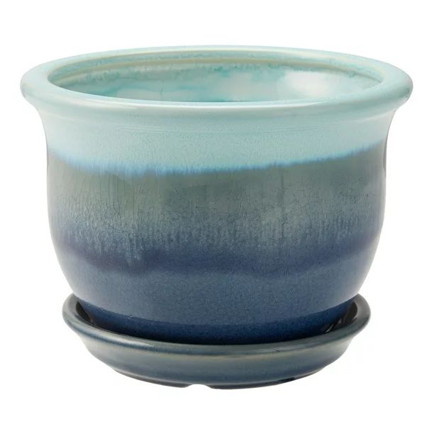 Better Homes & Gardens Oceanoid Ceramic Planter with Saucer, Blue, 6" | Walmart (US)