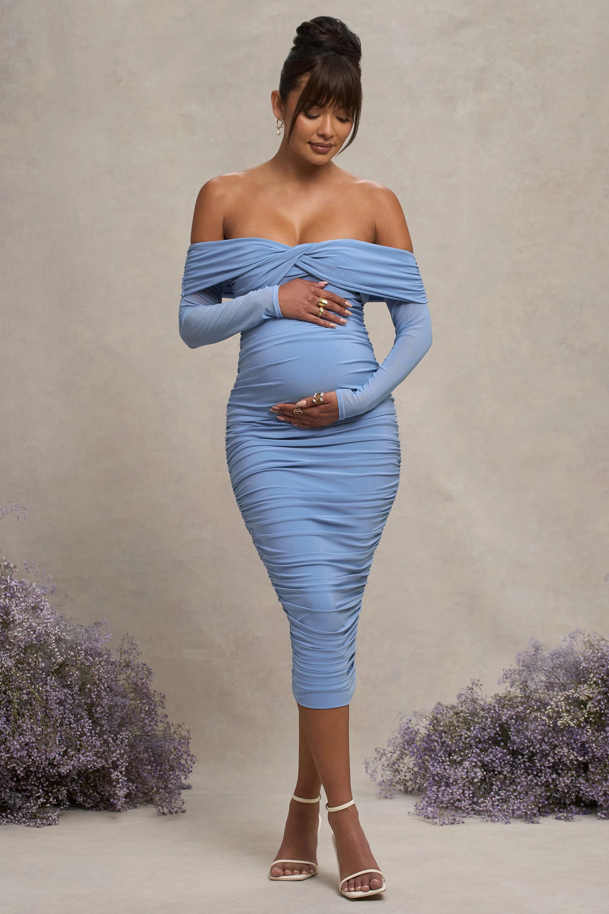 Neva | Powder Blue Bardot Twist Maternity Midi Dress | Club L London