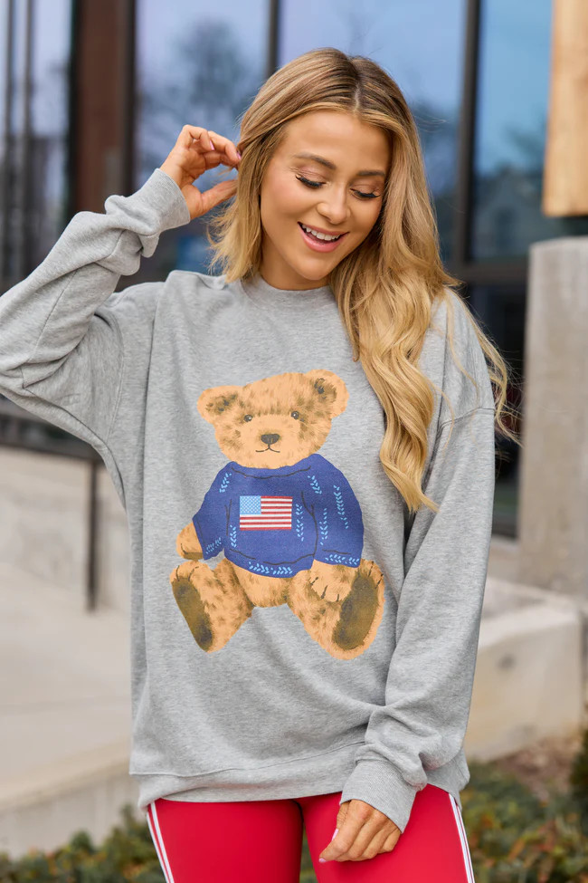 Vintage Teddy Bear Flag Light Grey Graphic Sweatshirt SALE | Pink Lily