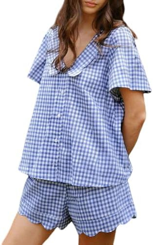 HOTIAN Womens Gingham Pajamas Set Summer Scalloped Collar 2 Piece Shirt&Shorts Lounge Pj Sets Out... | Amazon (US)