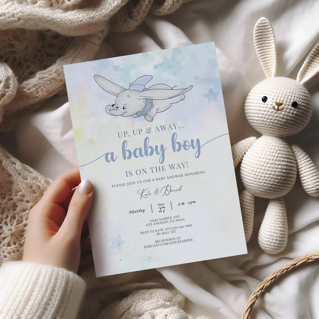 Dumbo Baby Shower Boy Invitation, Stork Baby Shower Editable Invite, Printable or Digital, Elepha... | Etsy (US)