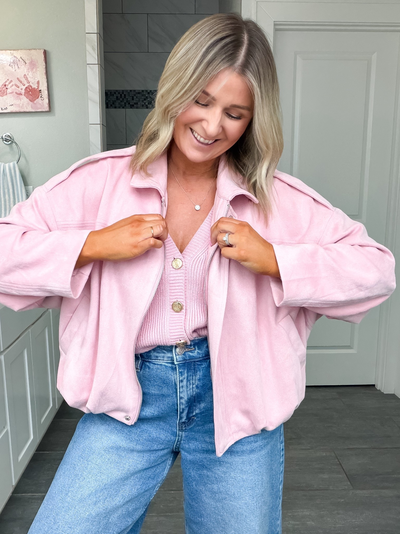 Pretty in pink 🌸
I sized down in this faux suede jacket to an XS. It’s still an oversized fit but not too oversized. Love the pink on pink look. Wearing a small in the sweater vest. 
Size 4 short in the jeans. Probably could have done a 2 short or a regular length if I wanted to wear a heel with them 

#LTKOver40 #LTKPetite #LTKootd