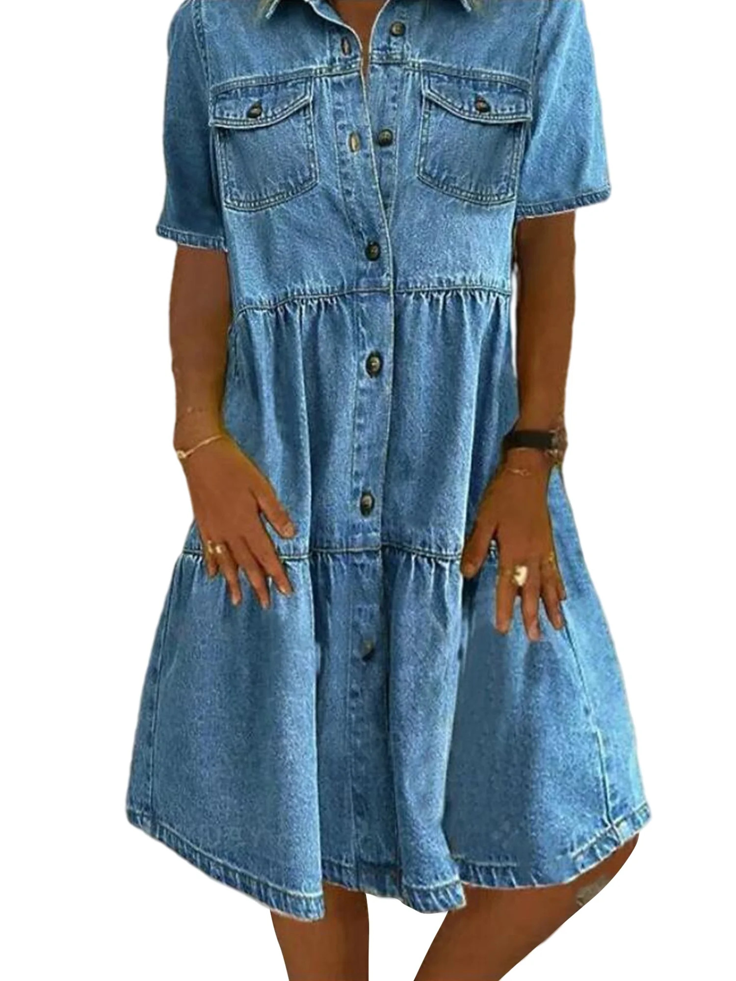 Sexy Dance Women Solid Color Denim Dress Button Down Swing Hem Dress Lapel Neck Short Dress | Walmart (US)