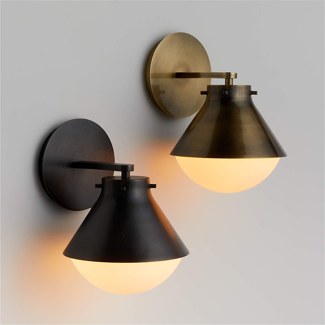 Rainier Brass Conical Wall Sconce Light Set of 2 + Reviews | Crate & Barrel | Crate & Barrel