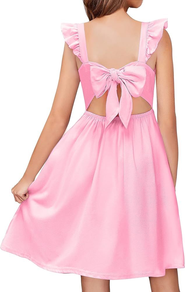 Arshiner Girls Summer Dresses Square Neck Ruffle Sleeve Tie Back A-Line Swing Casual Midi Dress w... | Amazon (US)