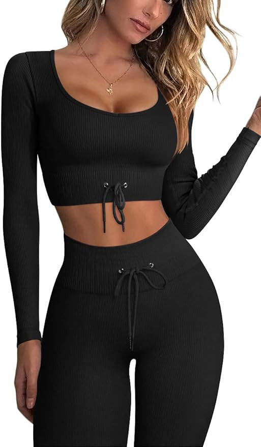 Stylishine Workout For Women 2 Piece Sets Ribbed Outfits Long Sleeve Crop Tops High Waist Legging... | Amazon (US)