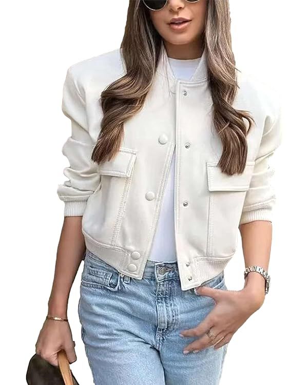 Megfie Womens Cropped Bomber Jacket Button Down Varsity Jackets Shackets With Pockets | Amazon (US)