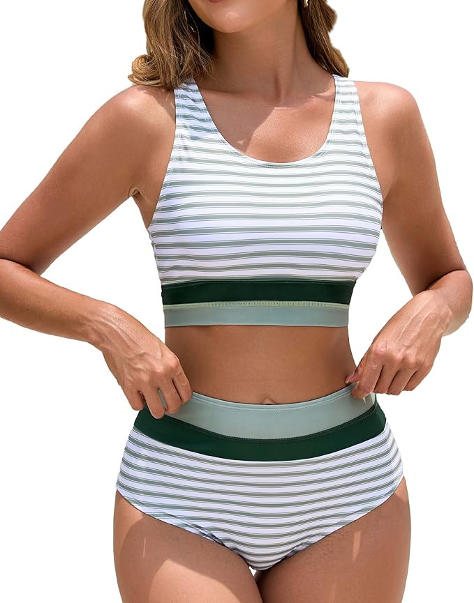 Women's High Waisted Bikini Sets Two Piece Swimsuit Color Block Sporty Athletic Moderate Coverage... | Amazon (US)