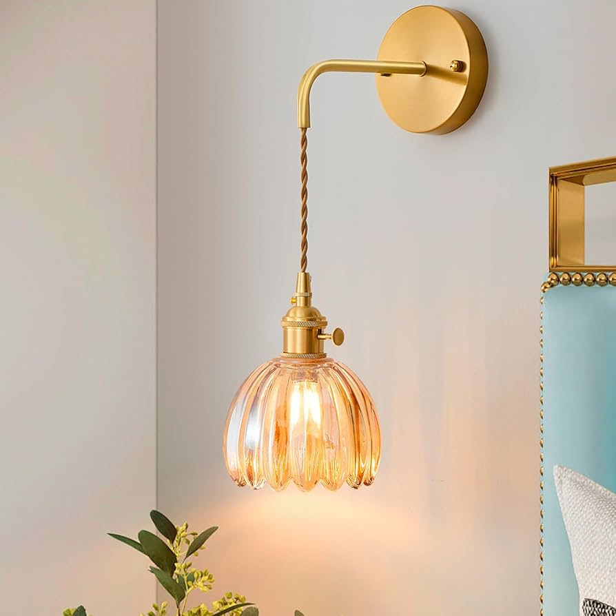 Vintage Wall Sconce Light with Amber Glass Lampshade, Modern Brass Sconces Wall Lighting with Swi... | Amazon (US)