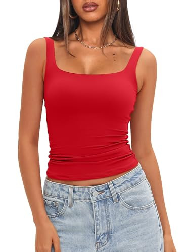 Darong Women's Padded Square Neck Tank Tops Summer Double Layer Basic Sleeveless Tank Shirts Buil... | Amazon (US)
