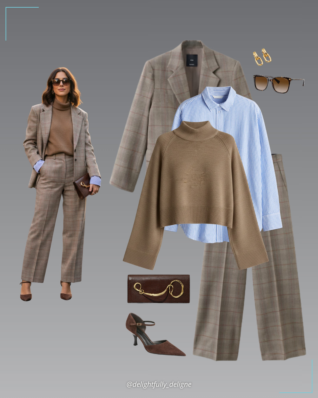 Heritage Check Edit 🤎💙 Brown wool-blend check trousers, matching check suit blazer, blue striped Oxford shirt, wool cropped mock-neck sweater, tortoise sunglasses, chocolate twisted gold side-handle clutch & Bechet earrings. 

 #LTKgrwm #LTKootd #LTKOver40