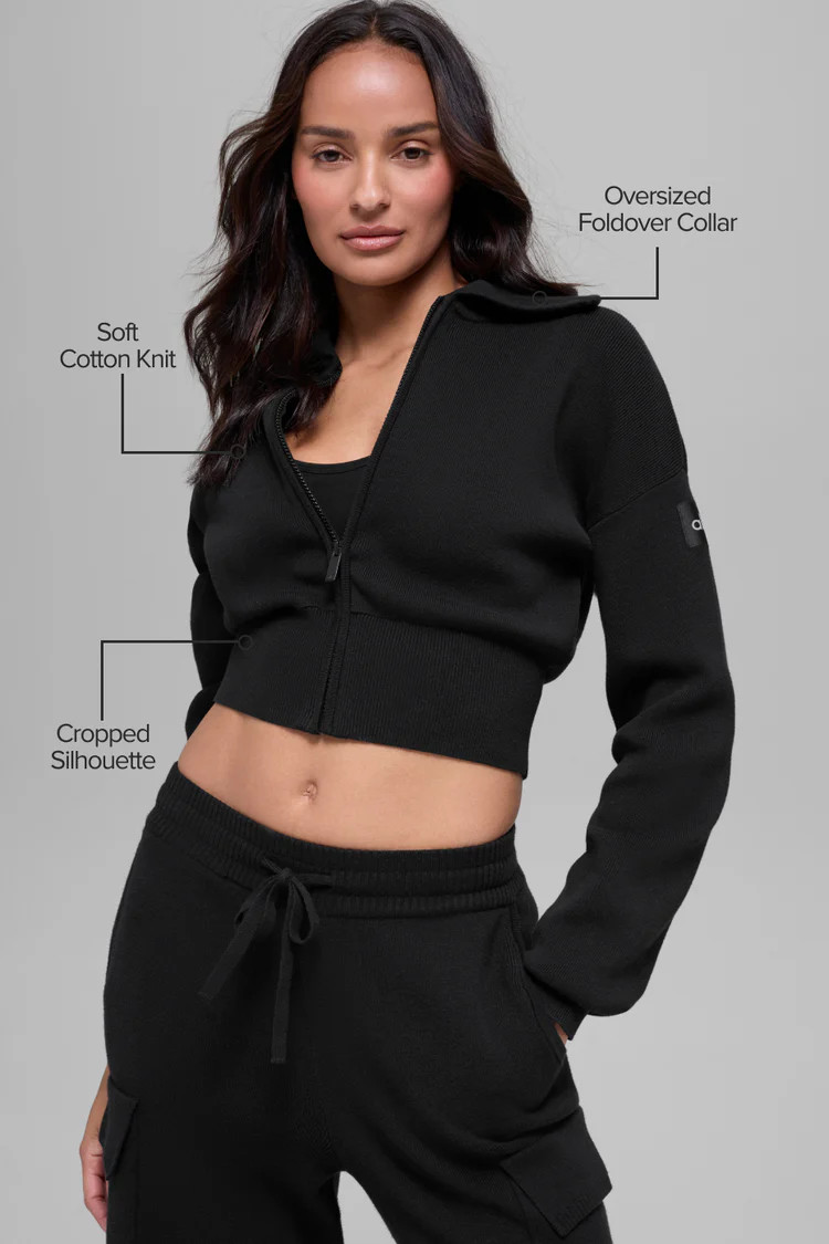 Scholar Knit Cropped Full Zip Jacket - Black | Alo Yoga