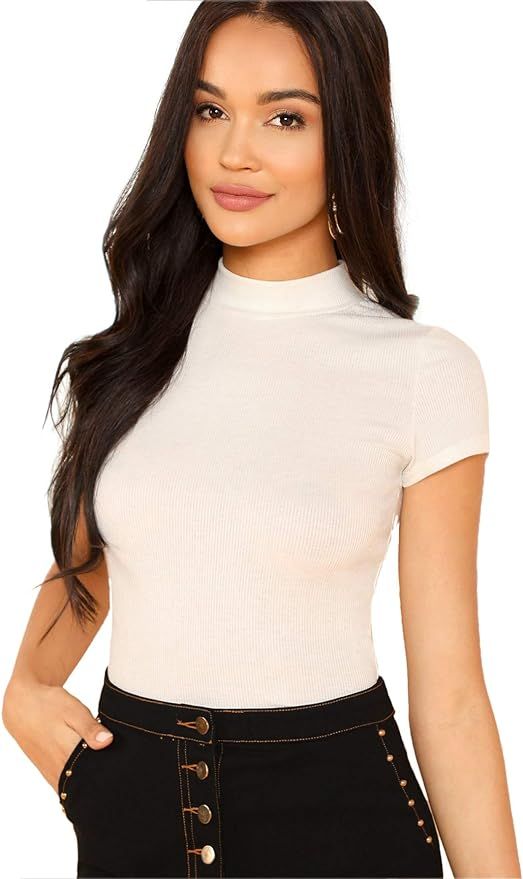 SheIn Women's Mock Neck Short Sleeve Slim Fit Knit Crop T-Shirts White Medium at Amazon Women’s... | Amazon (US)