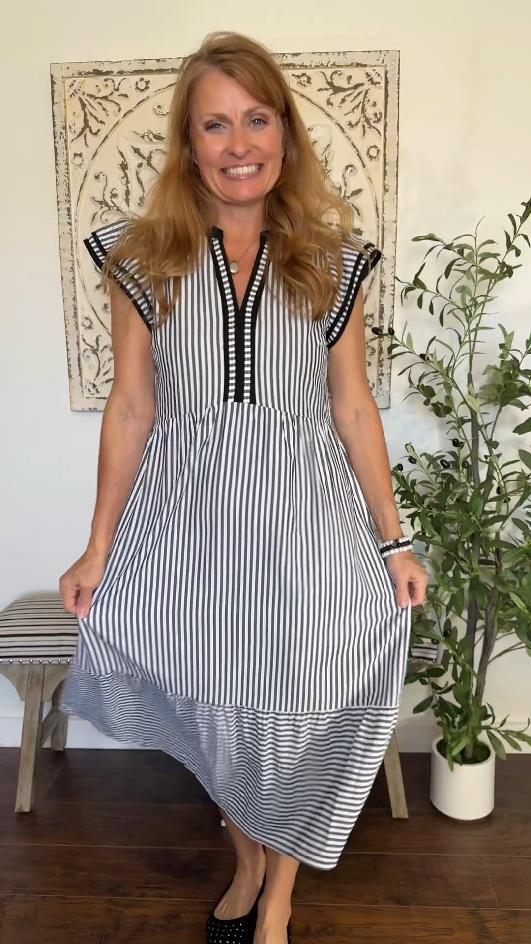 This striped midi dress is one of those easy spring to summer dresses that instantly makes you look put together. The neckline detail gives it that elevated feel, but it still has the comfort and ease of an everyday throw-on-and-go dress. Perfect for brunch, church, vacation dinners, teacher events, and casual summer outings when you want something flattering without overthinking it.
Check the links for the easiest way to find this piece and add it to your spring-summer rotation.
I’m wearing a size small. 
#springdress #midi dress #summeroutfit #affordablefashion #womenover40style

#LTKootd #LTKSeasonal #LTKOver40