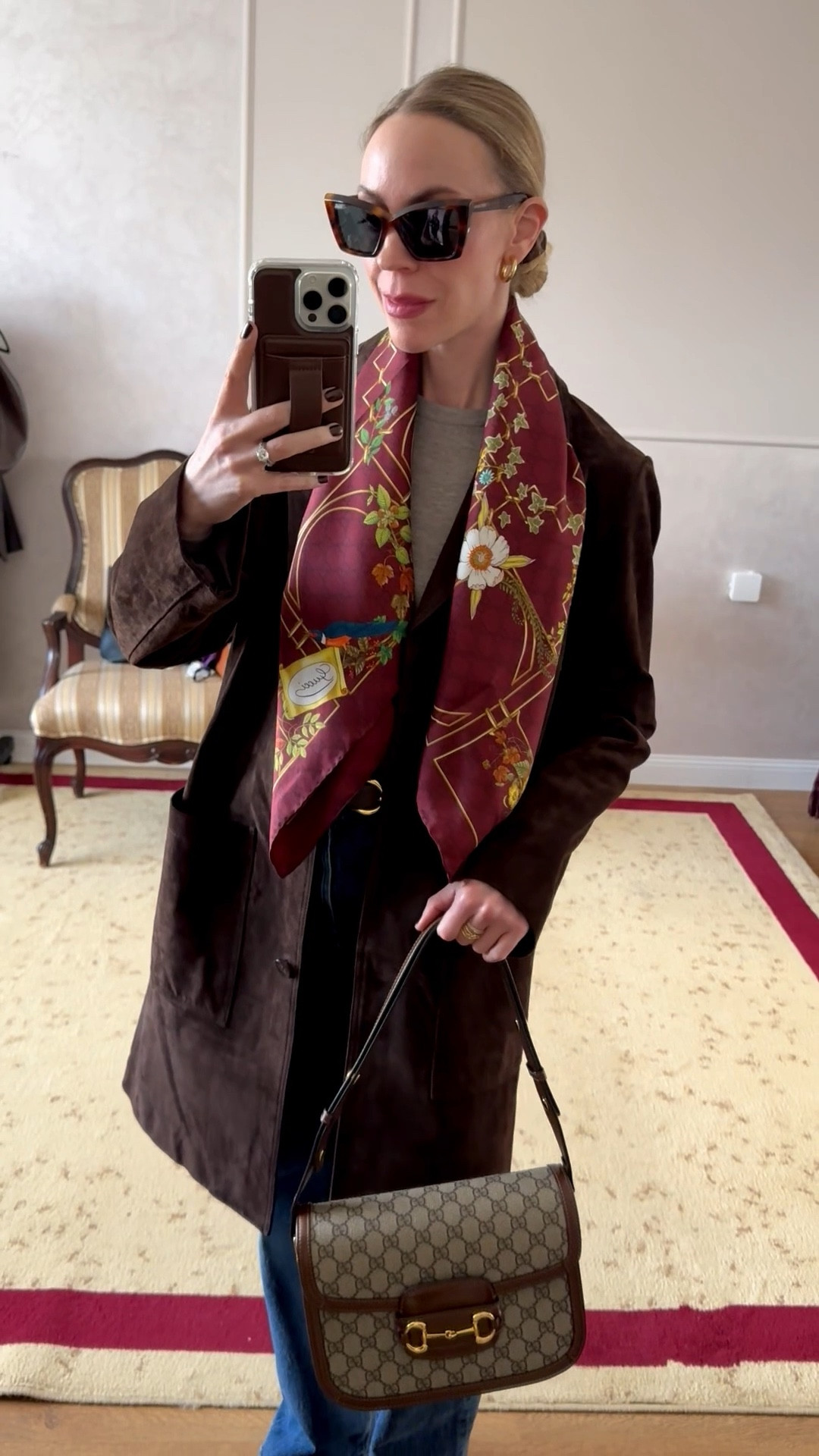 Spring outfit, @Zara chocolate brown suede coat, Gucci silk scarf, @Shopbop dark wash jeans, Gucci bag, style over 40

#LTKspring #LTKspringtrends #LTKOver40