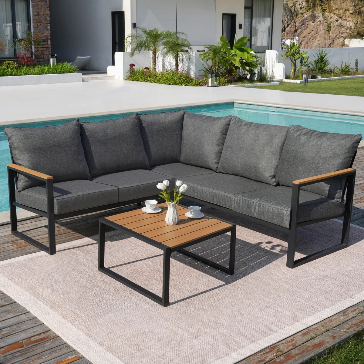 Ebern Designs L-Shaped Outdoor Patio Sectional Sofa With Metal Frame And Cushions | Wayfair | Wayfair North America