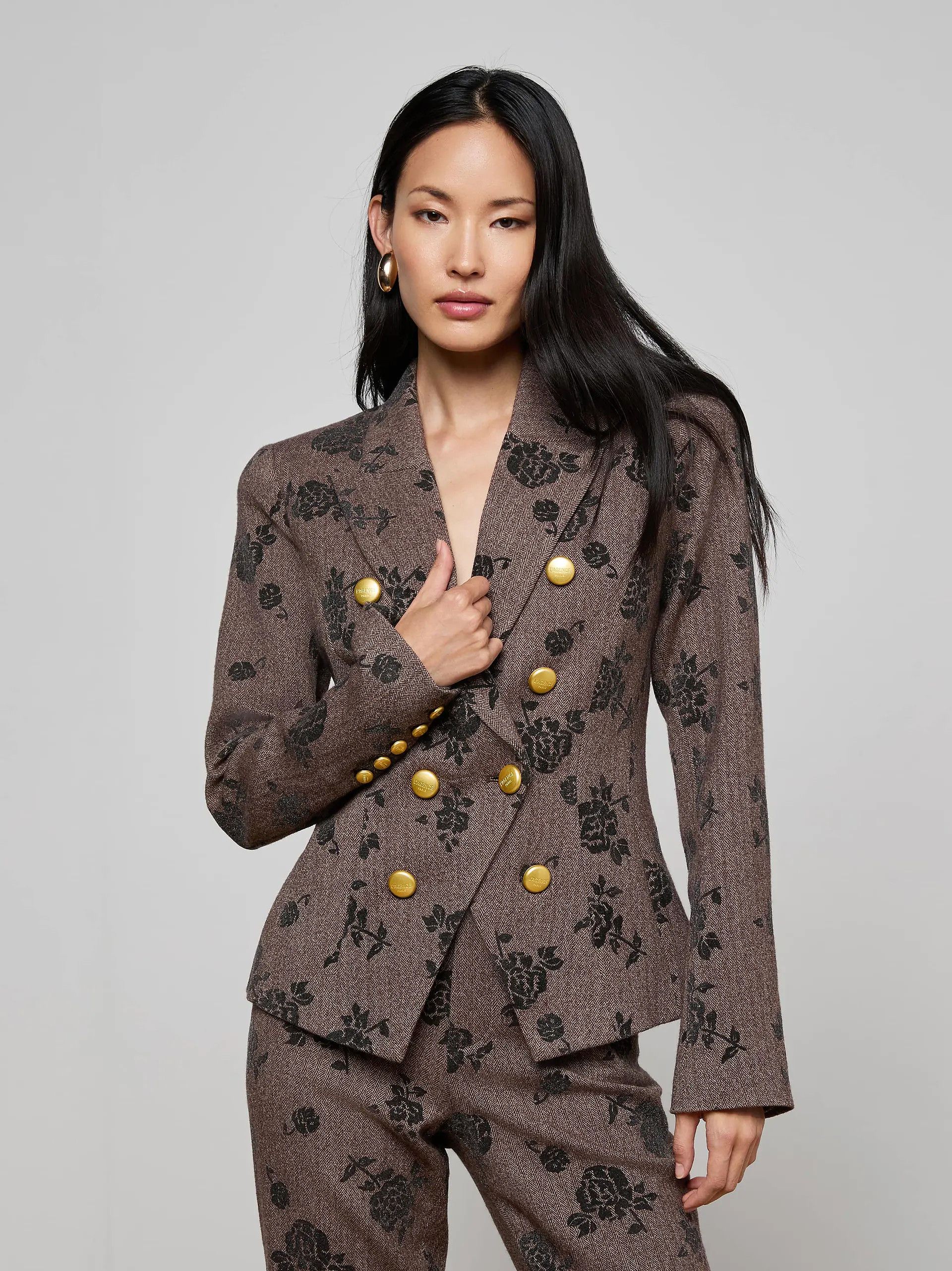 Bethany Flocked Herringbone Blazer in Brown Flocked Herringbone | L'AGENCE | L'Agence
