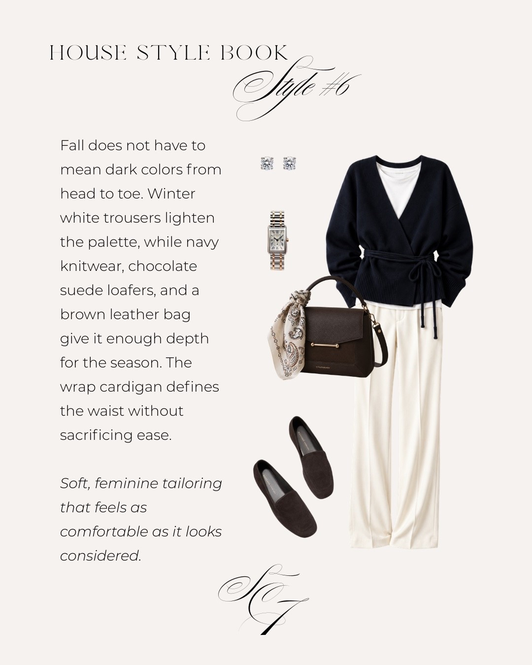 A little argument against putting away your whites after Labor Day. Cream trousers with navy knitwear and chocolate suede may actually look better in fall than they do in summer. I especially love the waist-defining wrap cardigan here—it gives all that softness some structure. Feminine, comfortable and quietly pulled together.

#FallStyle #FallOutfit #WinterWhite #NavyStyle #ClassicStyle #QuietLuxury #FeminineStyle #SilkAndCedar

#LTKdayinmylife #LTKSeasonal #LTKOver40