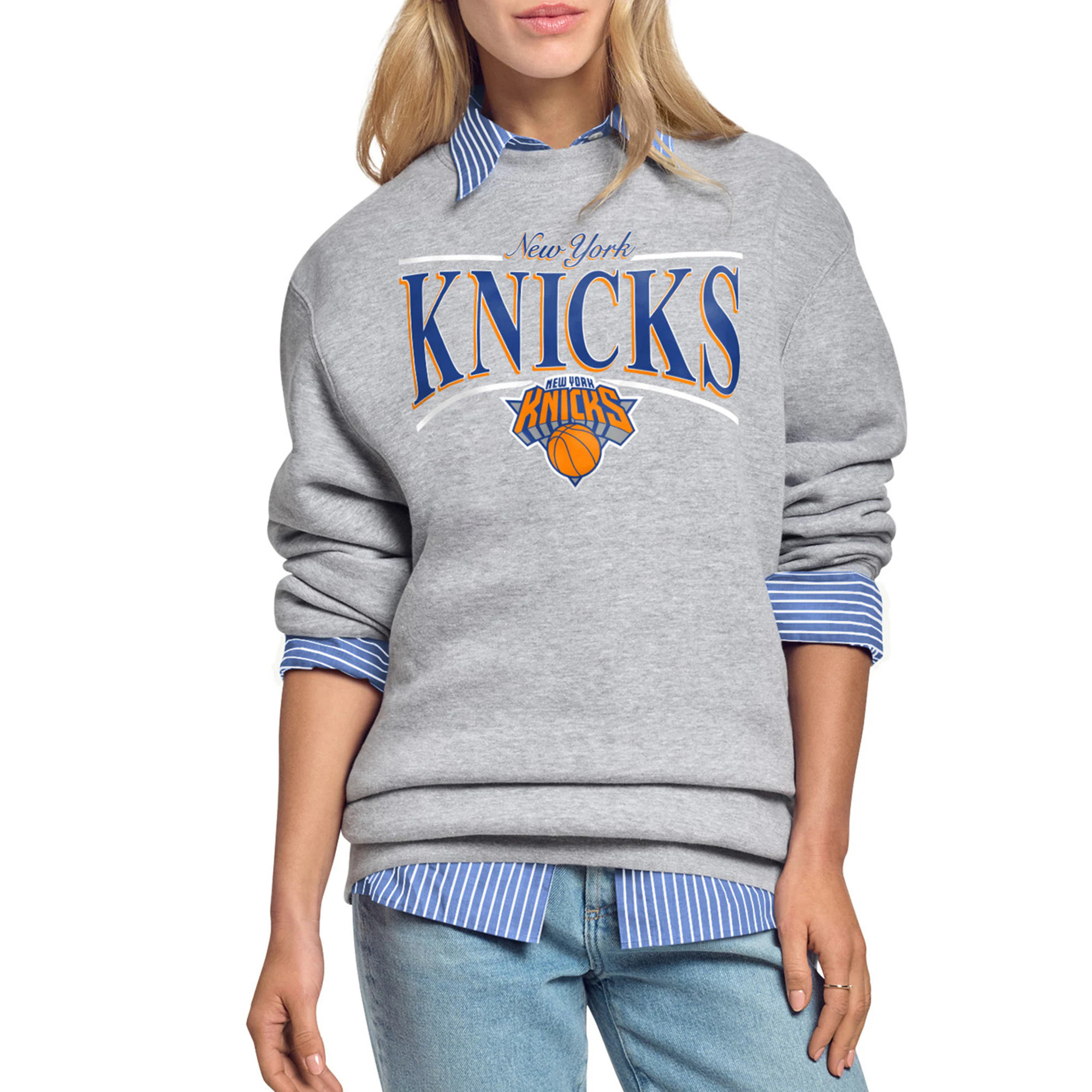 Women's New York Knicks Starter Gray Arch Stripe Fleece Crewneck Sweatshirt | NBA Shop