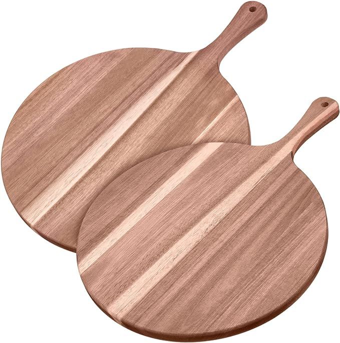 2 Pieces Acacia Wood Round Charcuterie Board 12'' Cutting Board Wooden Pizza Peel Cheese Paddle w... | Amazon (US)