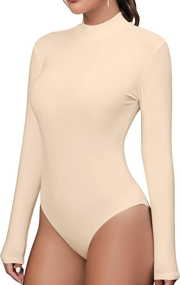 MANGDIUP Bodysuit for Women Mock Turtle Neck Long Sleeve Tops Slim Fit Basic Stretch Soft Bodysuit J | Amazon (US)