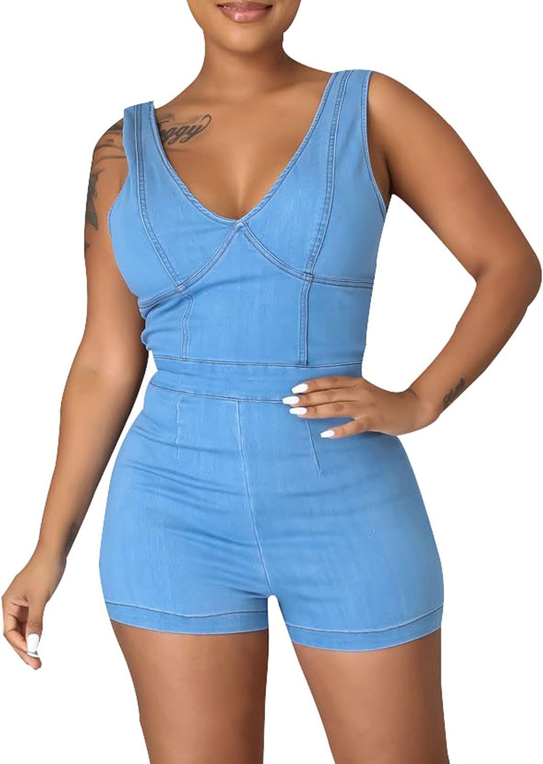 Sexy Denim Jumpsuit for Women Casual Long Sleeve Jean Pants Rompers with Zipper Pockets | Amazon (US)