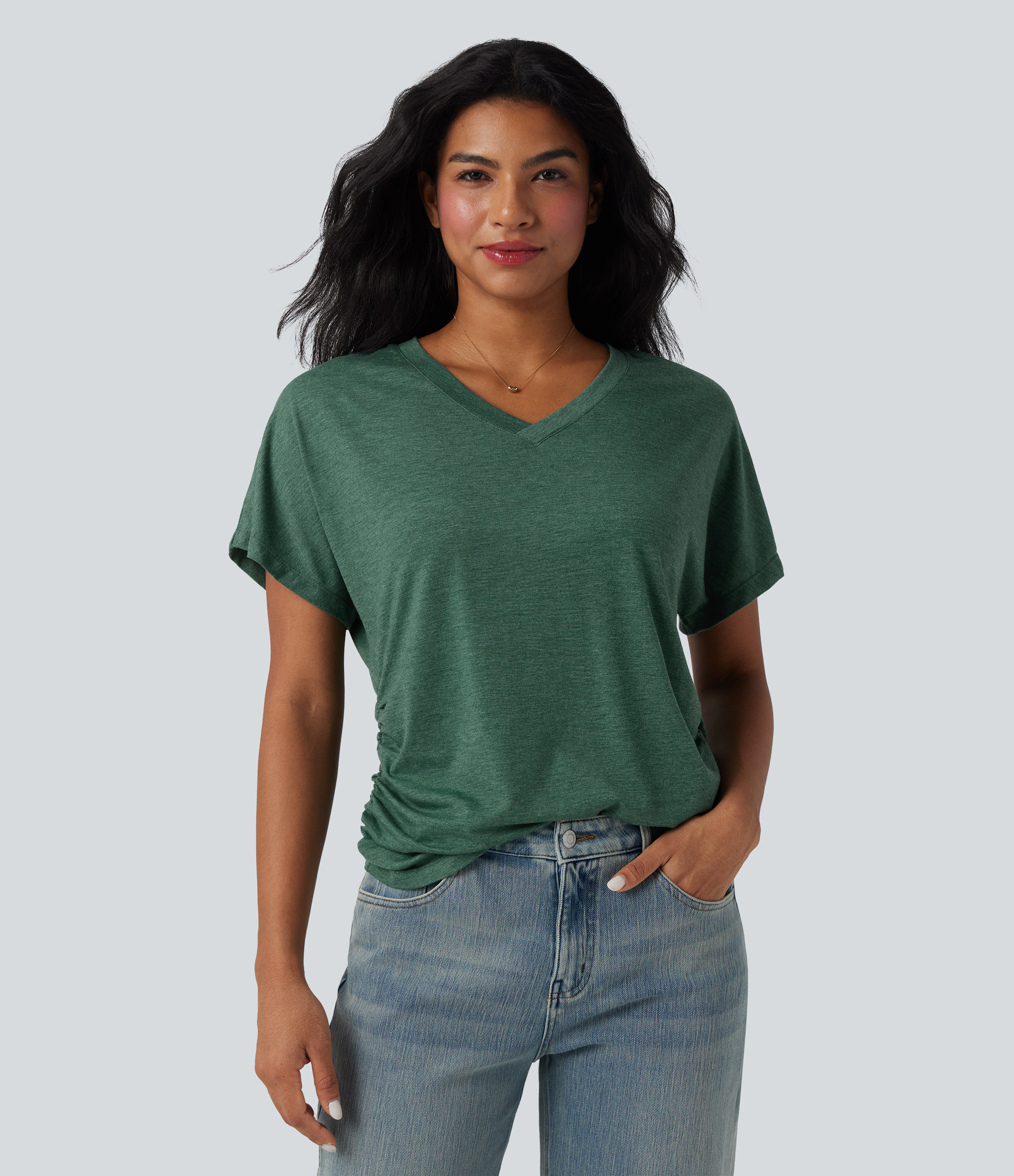 V-neck Short Sleeve Ruched Relaxed Casual Top | HALARA