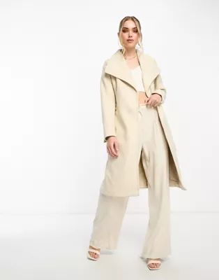 Vero Moda waterfall collar belted midi coat in cream | ASOS (Global)