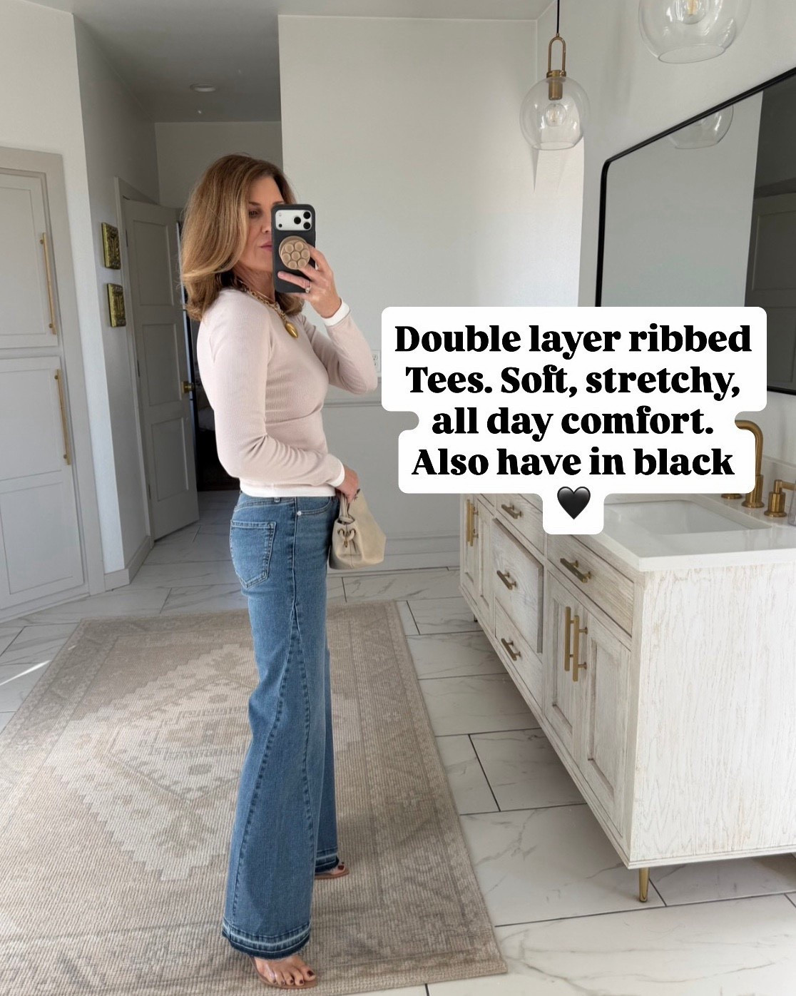 Size up in the top. It runs small. I have it in black, too. Jeans fit tts. I’m in a 4 regular 

#LTKOver40