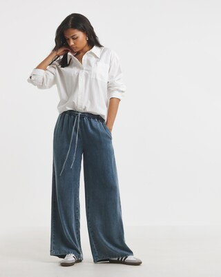 Light Wash Denim Lyocell Tie Front Palazzo Jeans | Simply Be (UK)