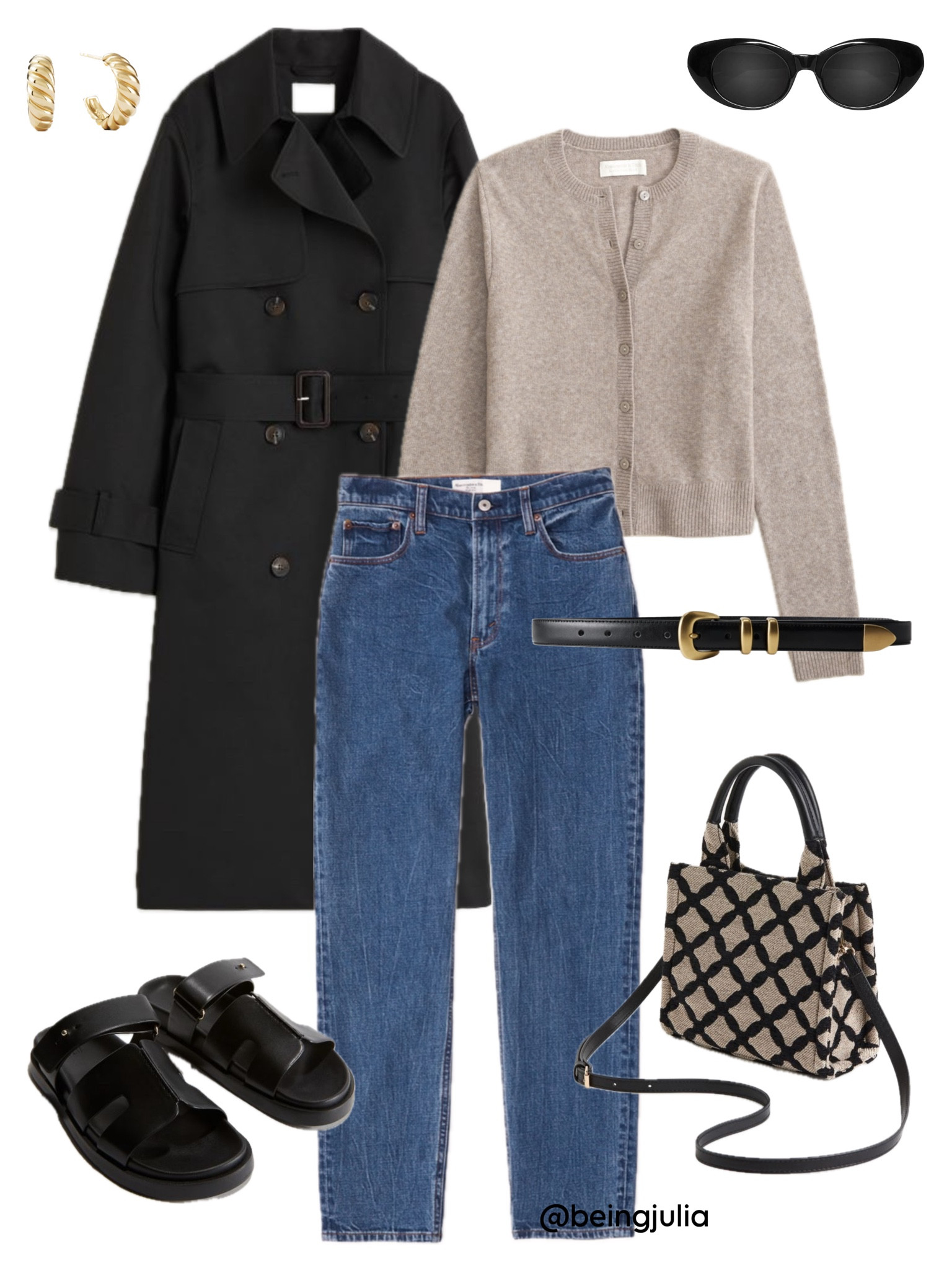 Spring outfit inspiration! Details below:
-Black double breasted trench coat from H&M
-Abercrombie beige button up cardigan. 
-Abercrombie medium wash mom jeans. 
-H&M flat black slip on sandals. 
-H&M crossbody mini tote bag in black and beige. 
-Aritzia black and gold belt. 
-Mejuri gold croissant dome hoop earrings. 
-Celine Triomphe sunglasses. 


#LTKstyletip #LTKSeasonal #LTKfindsunder100