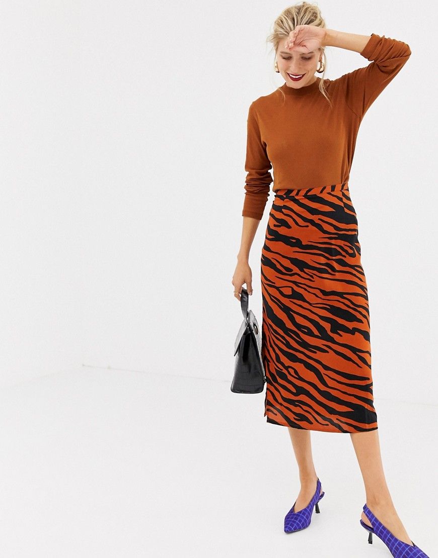 Stradivarius tiger print orange midi skirt - Multi | ASOS US