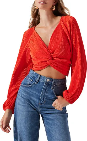 ASTR the Label Long Sleeve Twist Front Plissé Crop Top in Black at Nordstrom, Size Medium | Nordstrom