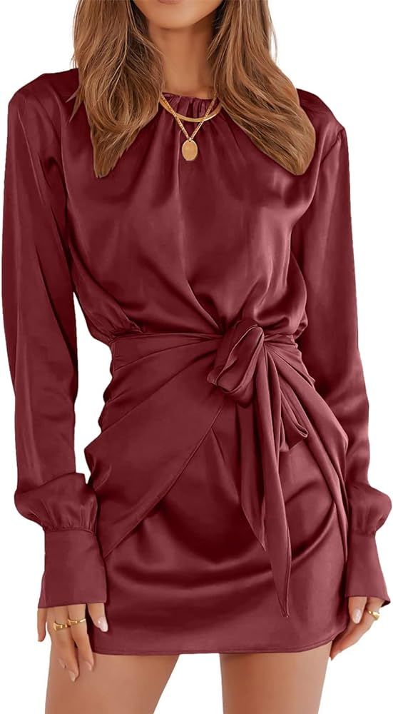Women Casual Long Sleeve Crewneck Ruched Wrap Short Party Dress Tie Waist Satin Cocktail Dress | Amazon (US)