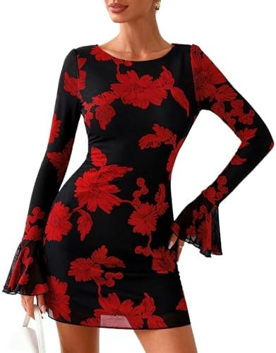 PRETTYGARDEN Women's Floral Embroidered Dress 2025 Fall Long Bell Sleeve Ribbon Flower Mini Short... | Amazon (US)