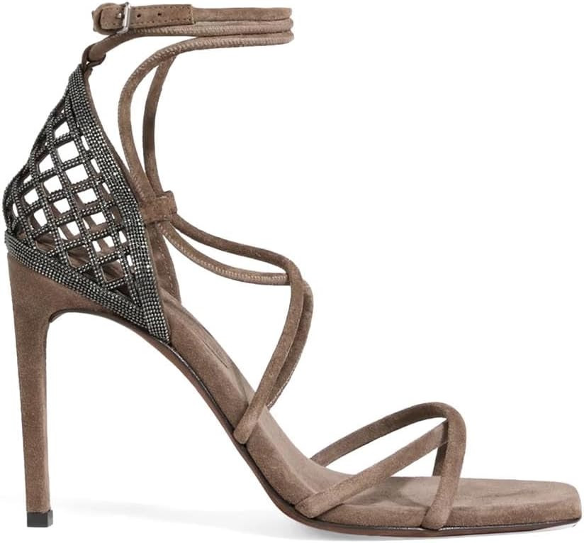 Suede High Stiletto Heels for Women Buckle Ankle Strappy Mesh Shoes Sparkly Rhinestone Heels Sexy Square Open Toe Lace Up Sandals Wrap Heel Dressy Pumps | Amazon (US)