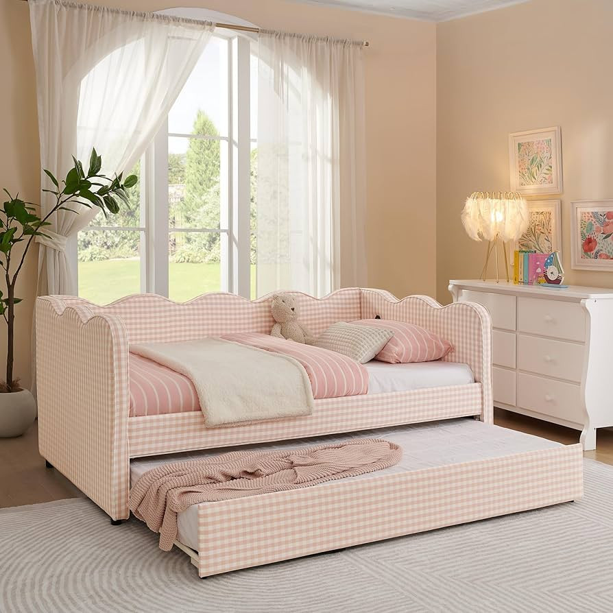 DEINPPA Twin Size Upholstered Daybed with Trundle, Gingham Daybed with USB Ports for Bedroom Livi... | Amazon (US)