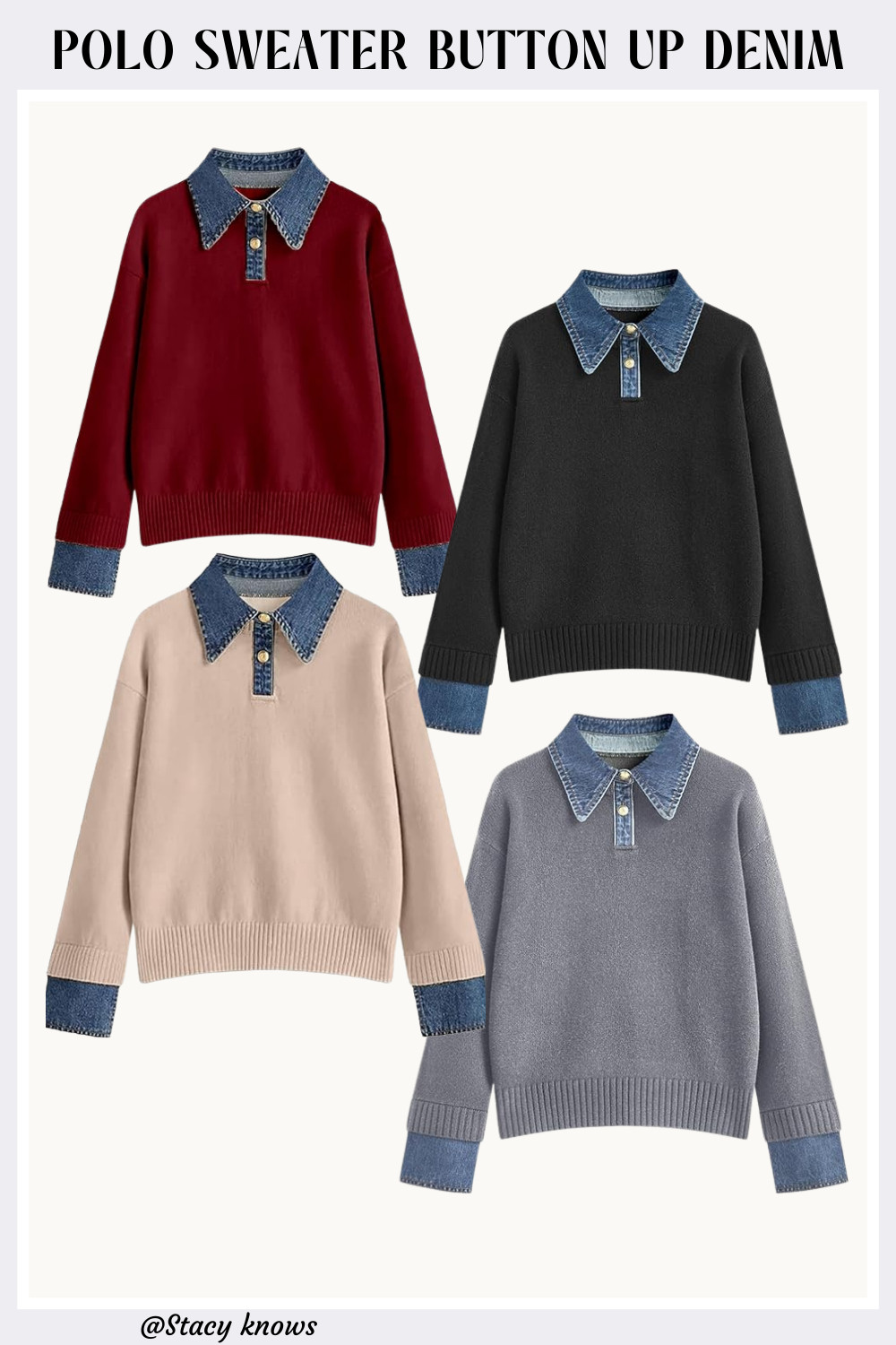 Mixing cozy comfort with chic style! This oversized polo sweater features a trendy denim lapel and buttons for an elevated look. It's the perfect collared knit top for a stylish, relaxed fit. Tap to shop this must-have! 
#LTKstyletip #PoloSweater #Knitwear #OversizedSweater #DenimDetails #CollaredSweater #WinterStyle #CasualChic #SweaterWeather #AmazonFashion #LTKfashion 

 #LTKGiftGuide #LTKHoliday #LTKootd