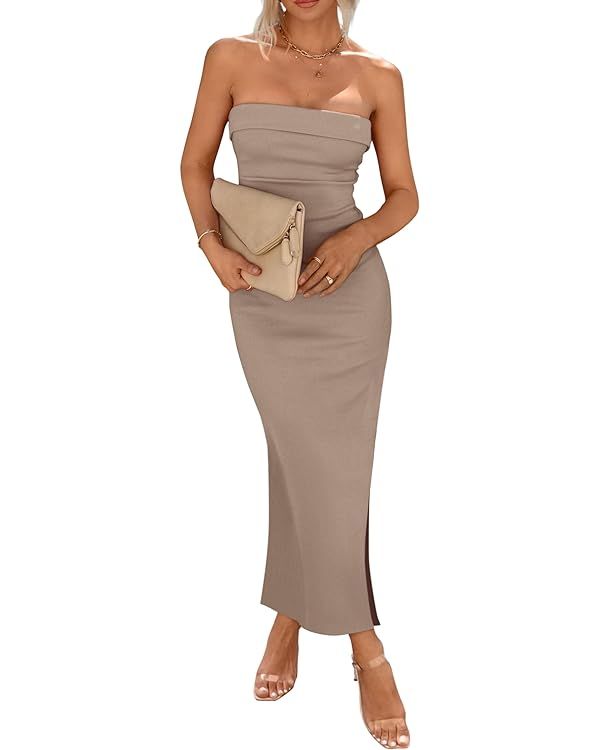 PRETTYGARDEN Women's Summer Bodycon Maxi Tube Dress Ribbed Strapless Side Slit Long Going Out Cas... | Amazon (US)