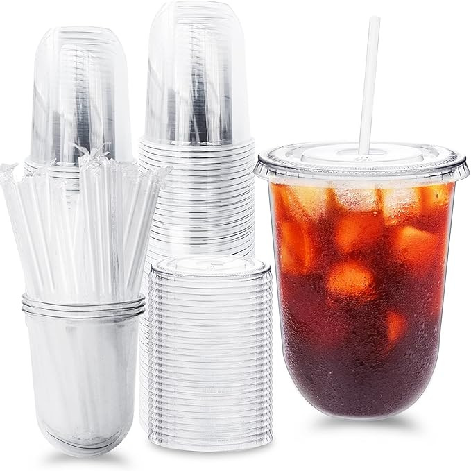 Alaeseje 50 Pack Clear Plastic Cups with Lids and Straws,16 oz Disposable Iced Coffee Cups,PET Cr... | Amazon (US)