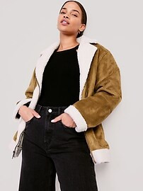 Faux-Suede Sherpa-Lined Moto Jacket for Women | Old Navy (US)