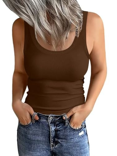 Women's Scoop Neck Ribbed Tank Tops Basic Sleeveless Slim Fit Tops 2025 Brown XX-Large | Amazon (US)
