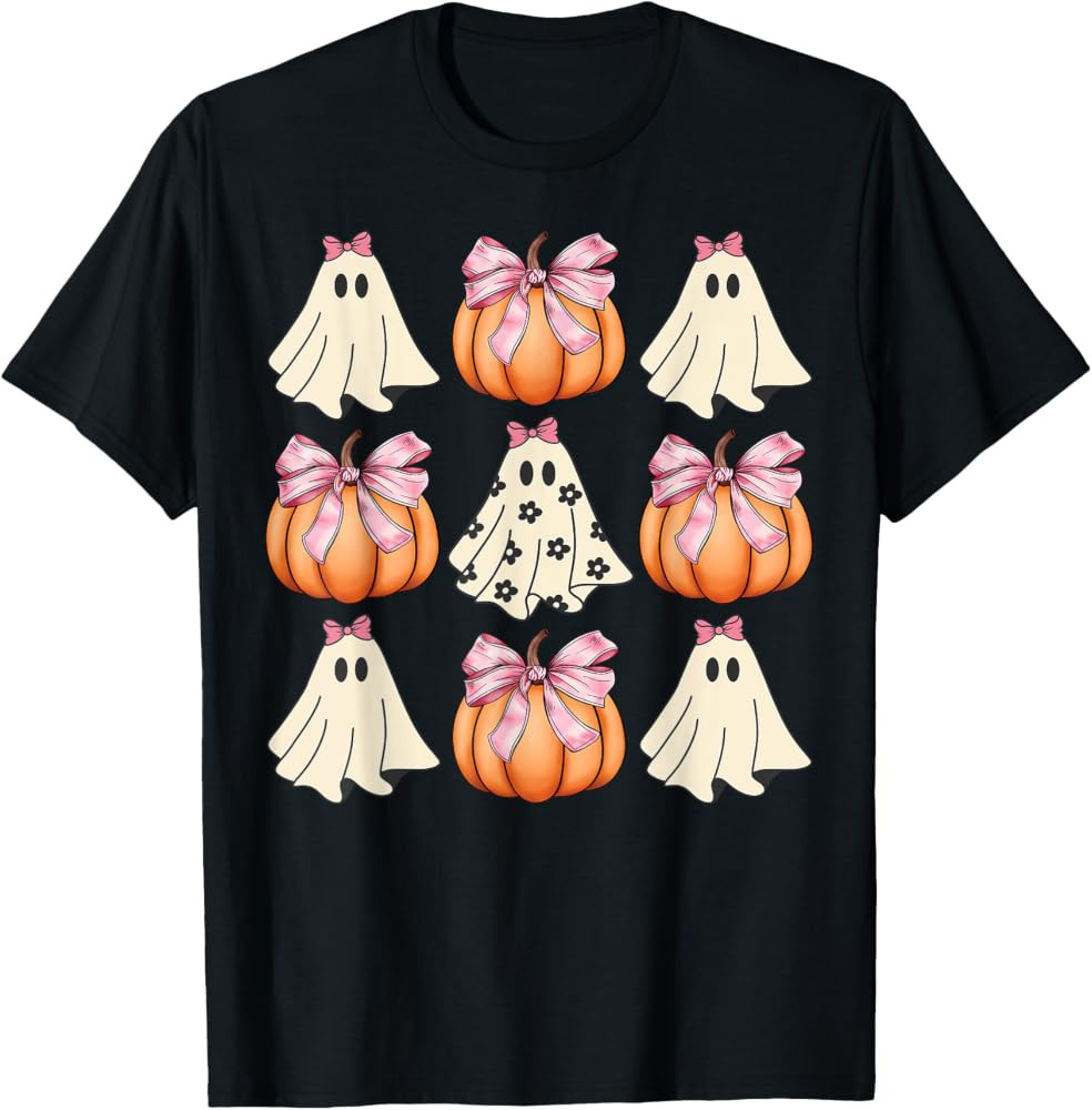 Cute Ghost Florals Pink Coquette Bows Pumpkins Halloween T-Shirt | Amazon (US)