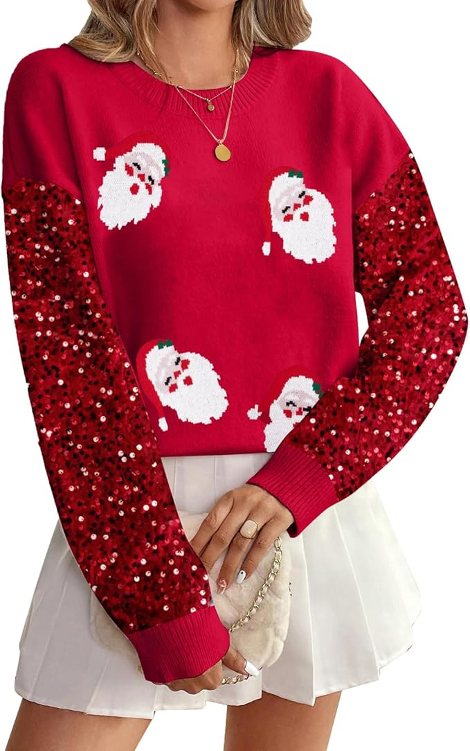 Christmas Sequin Sweater Womens Believe Christmas Sweatshirt Crewneck Long Sleeve Xmas Holiday Kn... | Amazon (US)