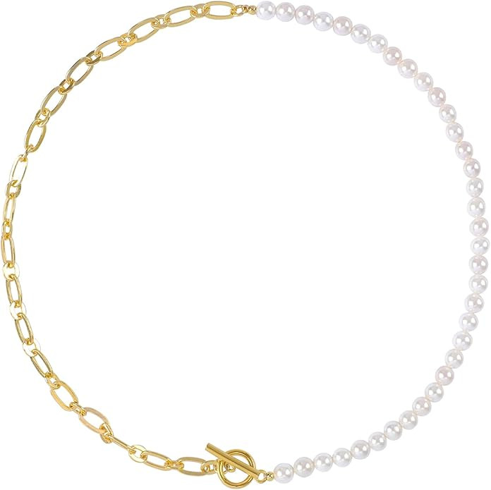 Pearl Necklace for Women Girls, Paper Clip Half Link Cross Disco Ball Pearl Chain Necklaces, Pear... | Amazon (US)