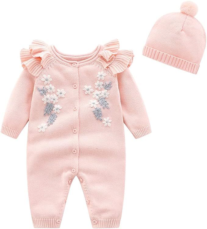 Newborn Infant Baby Boy Girl Knitted Sweater Romper Warm Longsleeve Jumpsuit Outfit with Warm Hat... | Amazon (US)