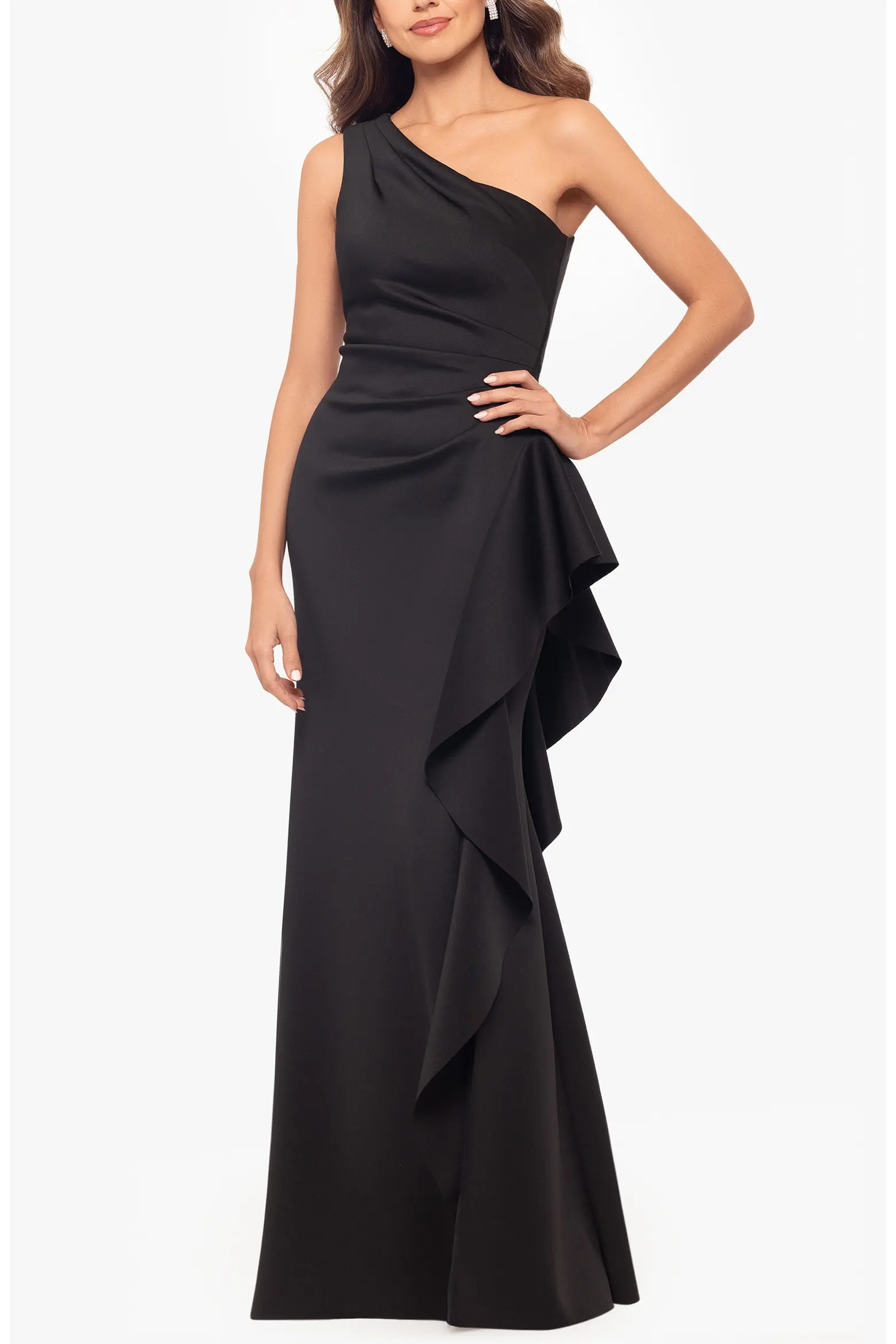 Xscape Evenings One-Shoulder Ruffle Scuba Crepe Gown (Women) | Nordstrom | Nordstrom